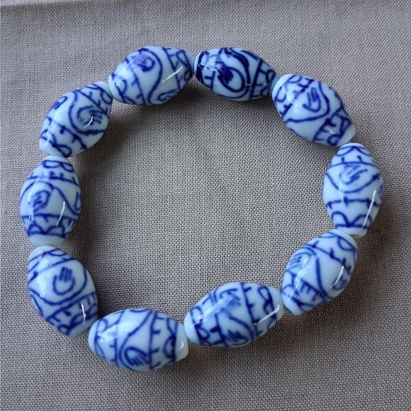 Blue and White Porcelain Bead Stretch Bracelet - Picture 2 of 3
